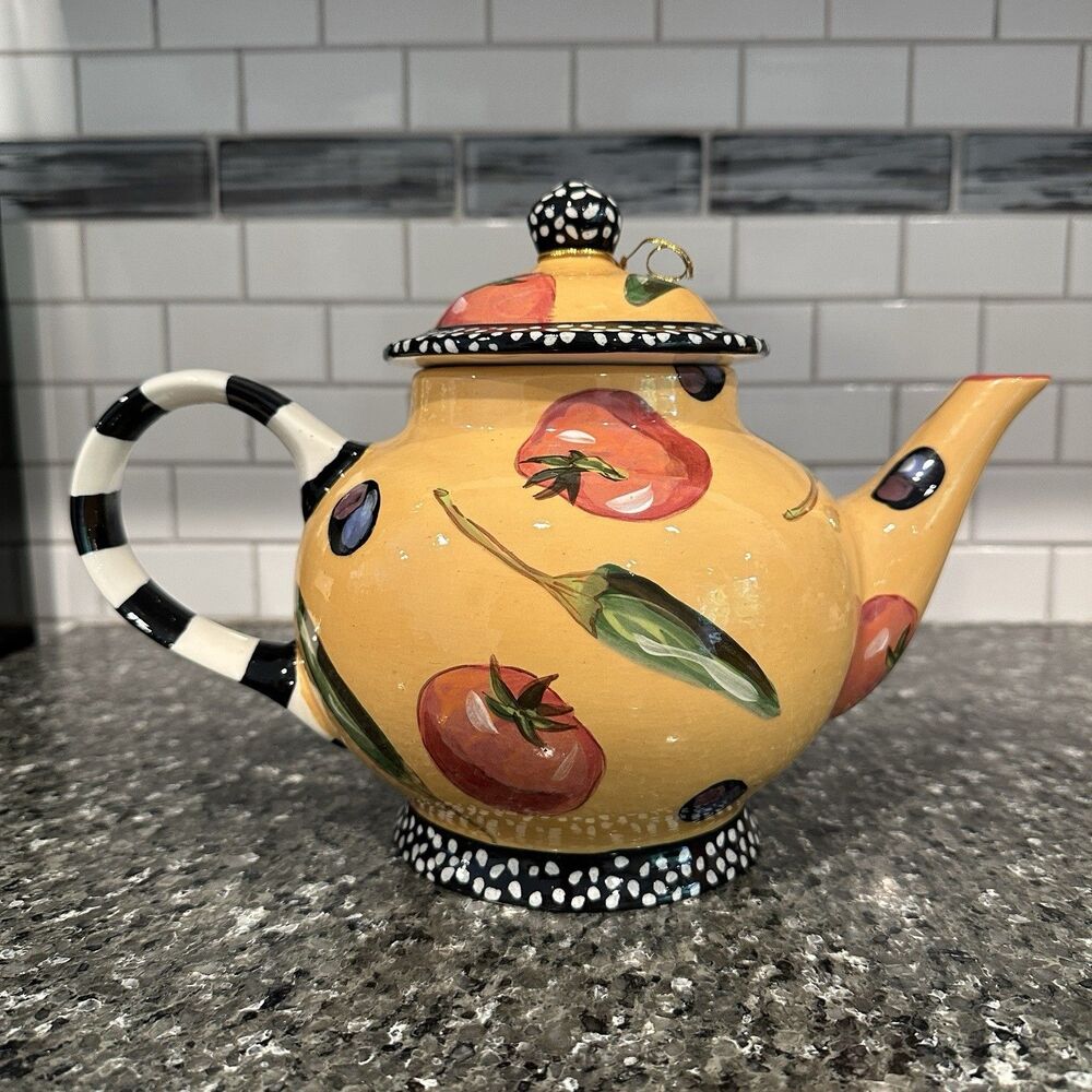 Vtg Droll Designs Ceramic Tea Pot Hand Painted Signed Veggie Tomato Pepper Olive